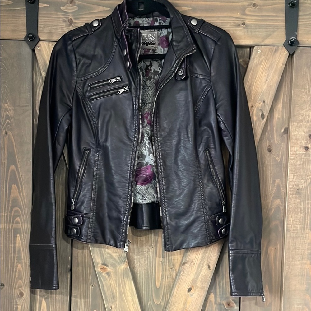 Guess Black Leather Motorcycle Jacket with Purple Trim